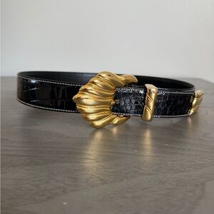 Vintage Escada Patent Leather Belt Black Croc Gold Buckle 90s Waist XS